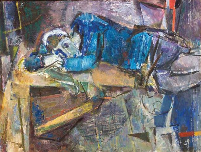 A geometric painting by Felix Lembersky, of a woman in blue reclining on a desk or table. 