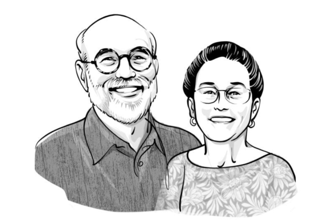 Black and white illustration, man and woman wearing glasses and smiling