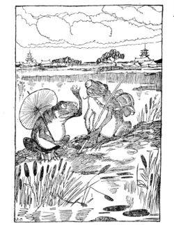 Black and white illustration of two frogs by a pond, holding lily pads as umbrellas
