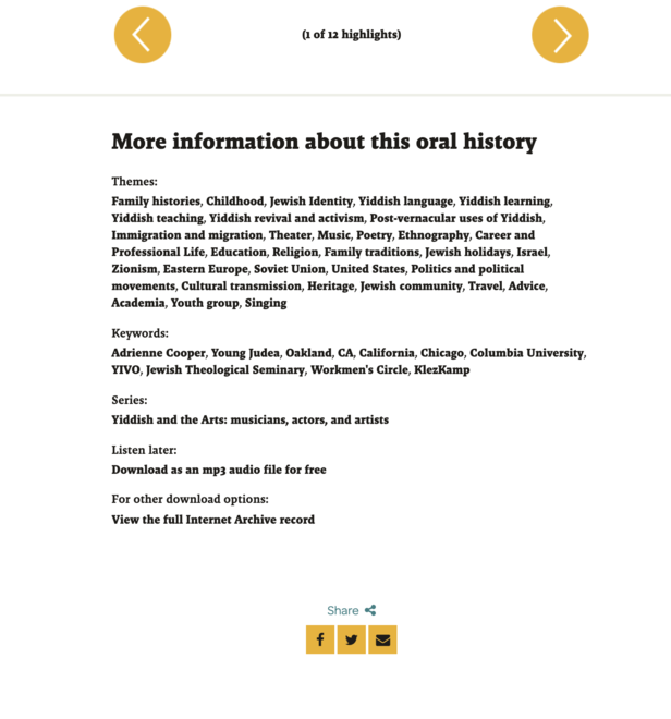 Screenshot of lower portion of Adrienne Cooper's oral history interview page, displaying themes, keywords, and additional download links.