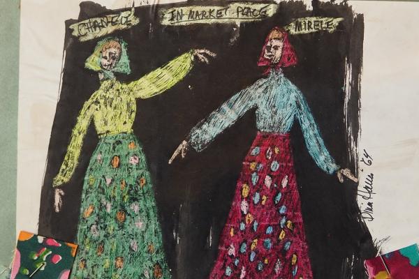 Close up of Dina Harris' costume sketch of Chanele and Mirele, two characters in Itsik Manger's play "Enchanting Melody". India ink wash over pencil and crayon drawing, featuring two colorful fabric swatches.