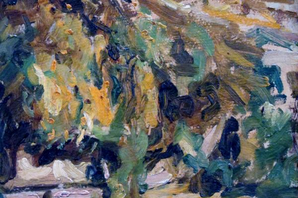 abstract painting with green, yellow, navy brush strokes