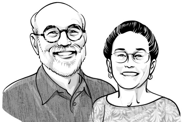 Illustration of a man and woman, both wearing glasses and smiling