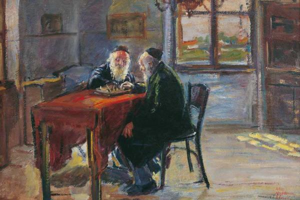 a painting of two bearded men playing chess