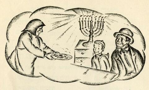 A woman in a babushka presents a boy and man with Hanukkah gelt. They are lit by the light of the Hanukkiah.