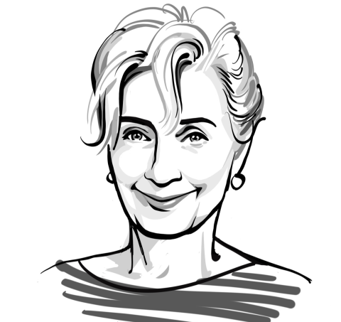 Woman smiling at camera, black and white illustration