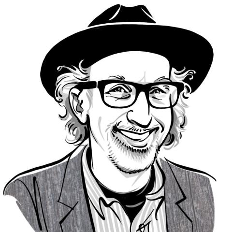Seth Rogovoy wears glasses and a wide-brimmed black hat, black and white illustration