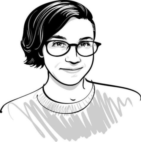 Black and white sketch of a smiling woman with short hair and glasses.