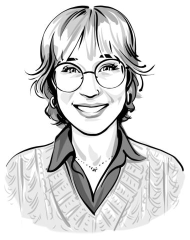 Black and white illustration of a woman with short hair and glasses