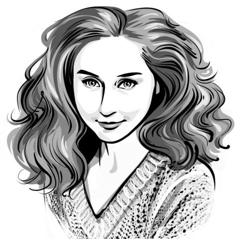 Illustration of woman with voluminous wavy hair and v neck sweater