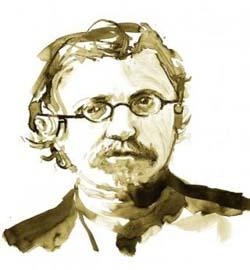 Illustration of Sholem Aleichem's portrait. Thin oval glasses on a man with long locks and a short beard.