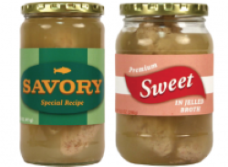 Two jars of gefilte fish, one reads savory one reads sweet.