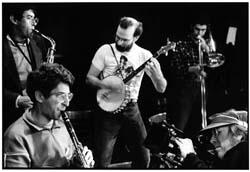 Black and white photo of a jamming klezmer band.