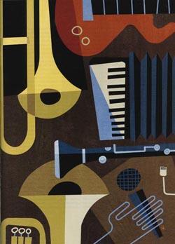 Cubist depiction of band instruments.