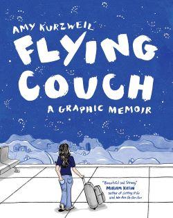 Book cover to Flying Couch: A Graphic Memoir by Amy Kurzweil. A young woman stands with a suitcase in front of a desert nighttime scene