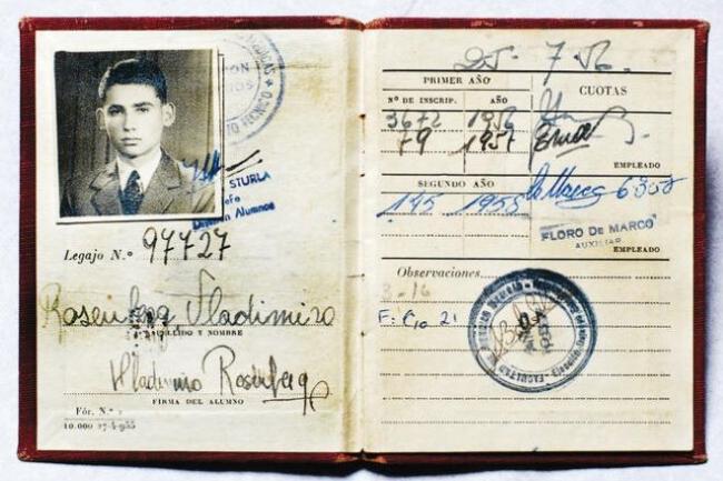 Argentinian passport of Vladimiro Rosenberg, covered in cursive scrawl, stamps, and an image of a young man.