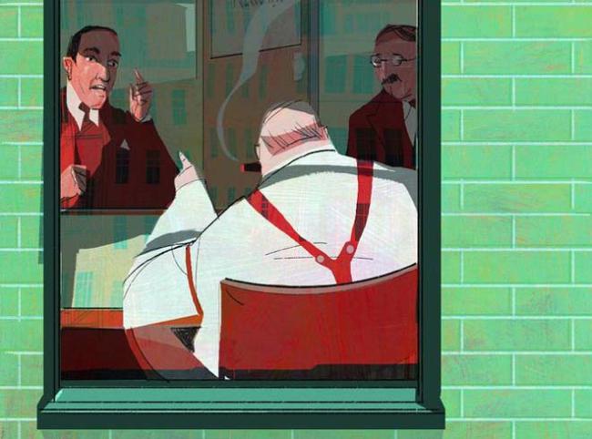 illustration of 3 men in an office, arguing. a boss smoking a cigar yells at a protesting man, the third stands silent in the corner. The scene is observed through a window.