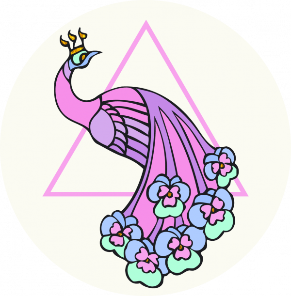 Logo of Di rozeve pave, a pink peacock in front of a pink triangle