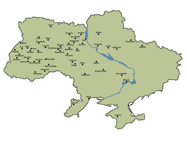 Map of Ukraine. There are dots marking towns where major Yiddish writers were born/lived/worked.