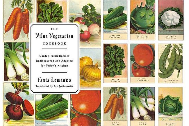 Cover to The Vilna Vegetarian Cookbook by Fania Lewando, translatated by Eve Jochnowitz. Surrounding the title are saturated illustrations of vegetables like carrots, radishes, tomatoes, onions, and more