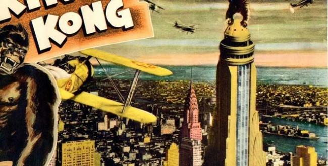 Cartoon style drawing of King Kong and New York skyline
