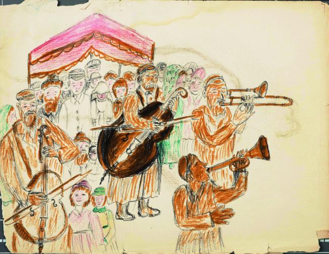 Ray Faust painted sketch of musicians at wedding. 