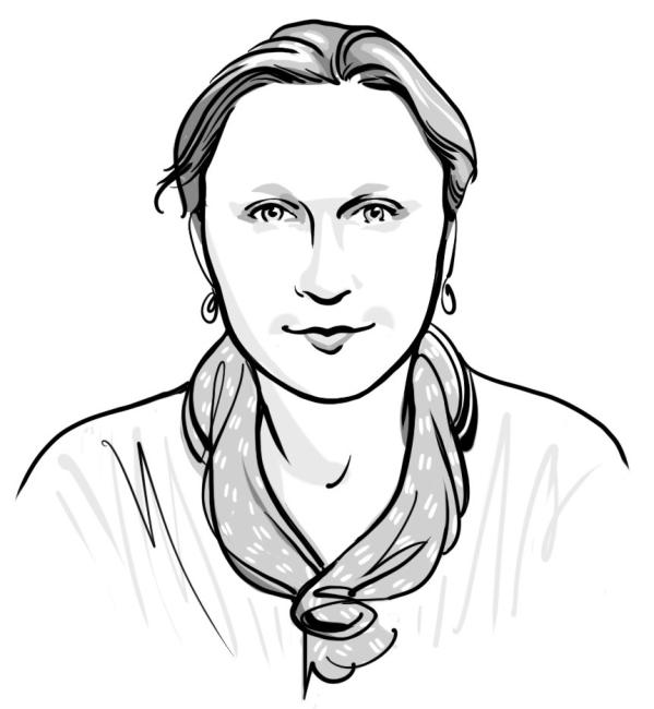 Black and white illustration of a woman wearing earrings and scarf