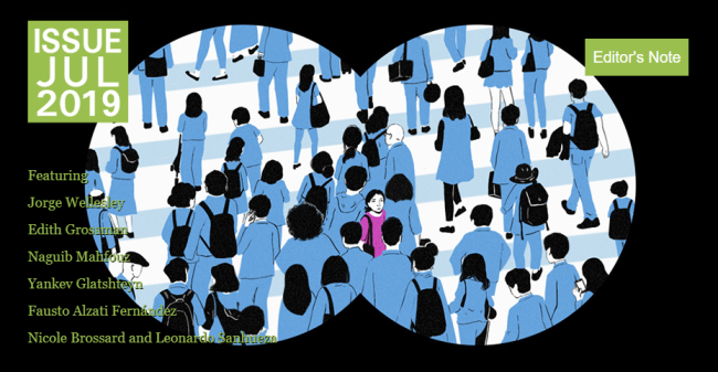 Two blue overlapping circles with illustrations of crowds, against black background with green text