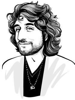 Man with dark wavy hair wearing a black shirt and necklace, illustration
