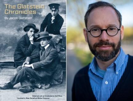 Book cover of three men posing and headshot of Ezra Glinter (man with glasses). 