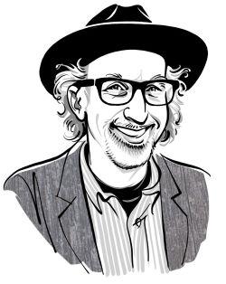 Seth Rogovoy wears glasses and a wide-brimmed black hat, black and white illustration