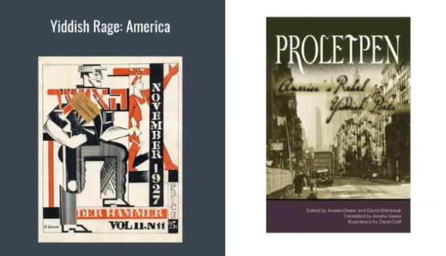 Still from a virtual presentation about Yiddish Rage with two Yiddish book covers displayed