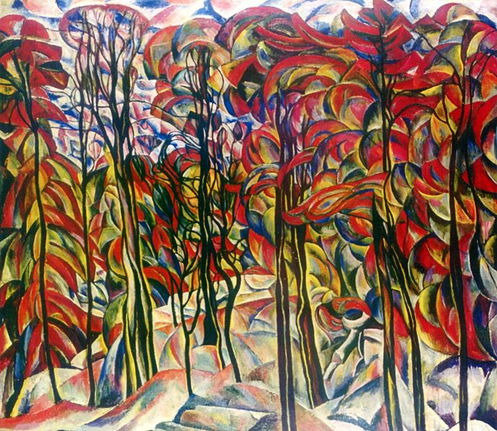 Colorful impressionistic painting of autumn trees in Crotona Park 