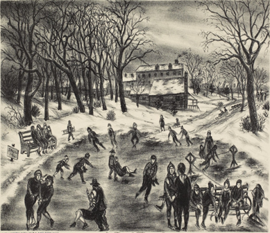 Drawing of ice skaters on a winter's day at the Crotona Park pond