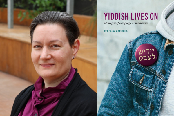 Rebecka Margolis and her book cover, "Yiddish Lives On"