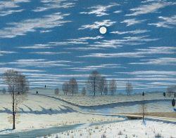 Painting of a snowy winter scene under a full moon.
