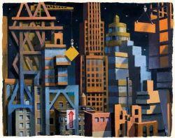 Cartoon image of a cityscape under construction at night. 