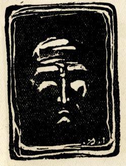 Black and white print of white outline of a face with black background.