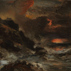 Painting of a dark, cloudy sky with hints of orange.