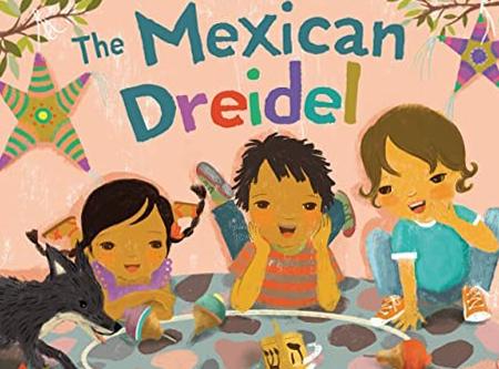 Book cover depicts three Latino children playing dreidel. 