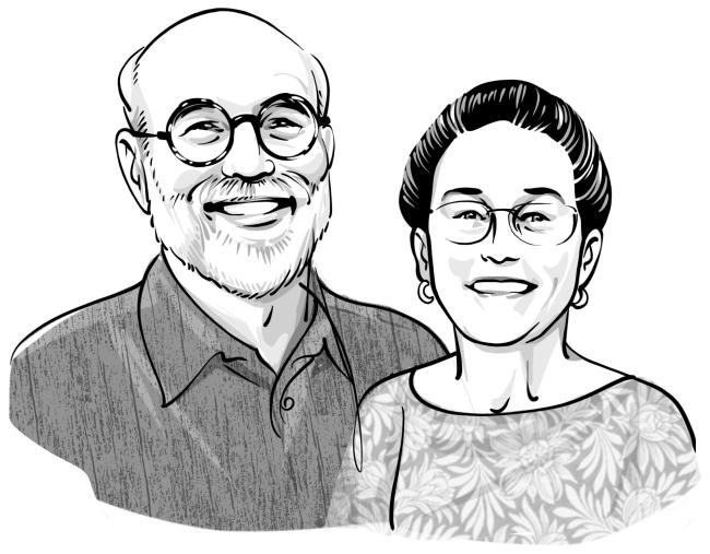 Illustration of a man and woman, both wearing glasses and smiling