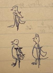 Doodles of three one-legged birds with crutches