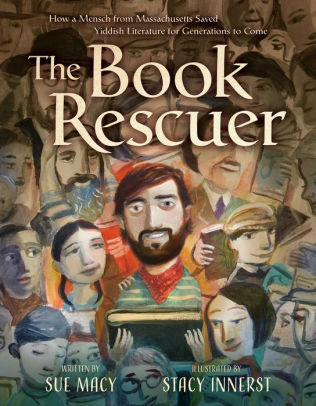 Cover of The Book Rescuer. Illustration of man holding book with diverse crowd behind him. 