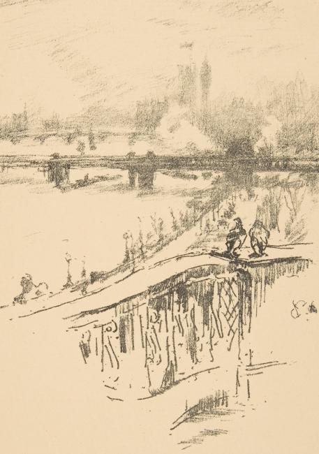 Sketch of people walking across bridge