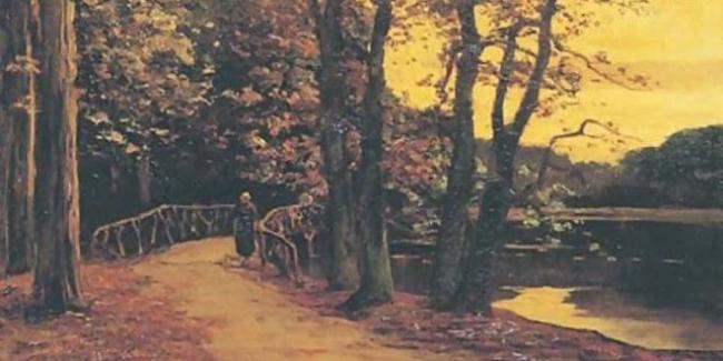 A painting of a woman walking through the woods in autumn