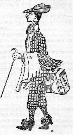 Androgynous person walking with checkered clothes and cane.