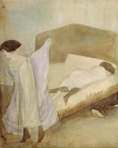 Painting in muted colors of woman lying in bed and woman walking away