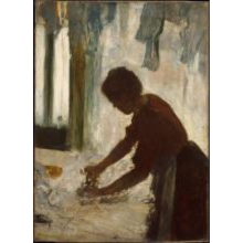 Woman ironing, painted with muted watercolors