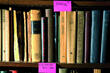 A photograph of Yiddish books on a bookshelf