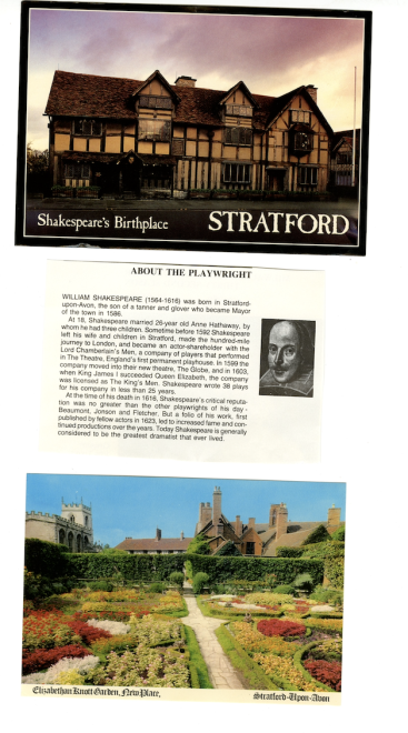 An informational card about William Shakespeare and two postcards featuring images from his birthplace.